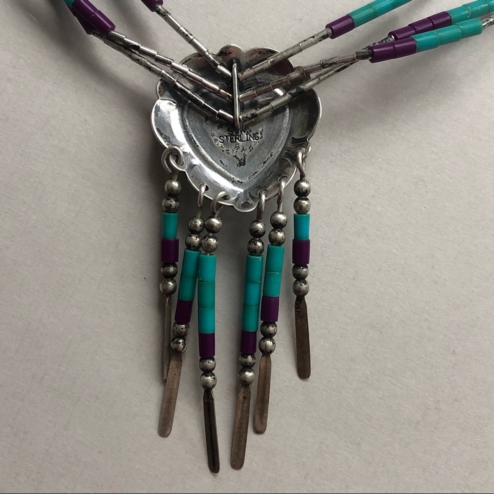 Southwestern Liquid Silver Inlay Turquoise Sugilite Sterling Heart Necklace - Picture 9 of 12